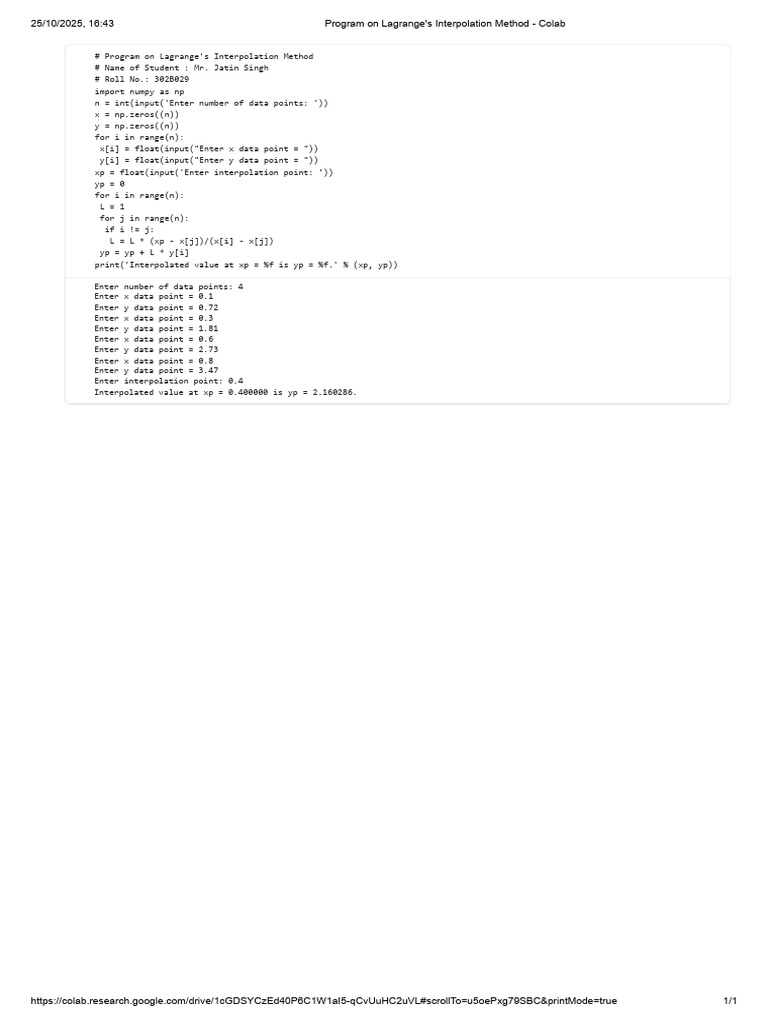 Lagrange Interpolation Method Program | PDF