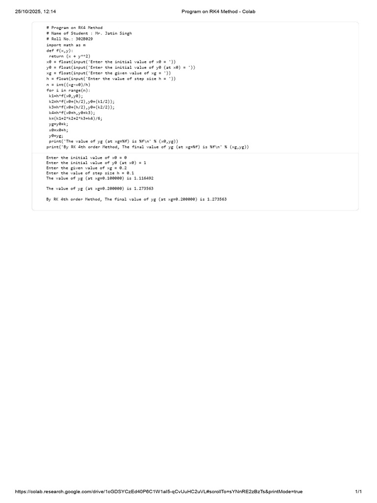 Program On Rk4 Method Colab Pdf