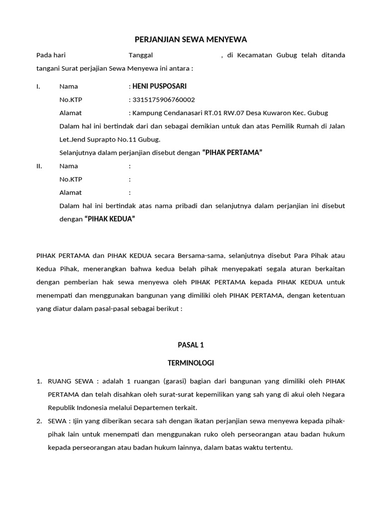 Perjanjian Sewa Menyewa Ruko Gubug | PDF