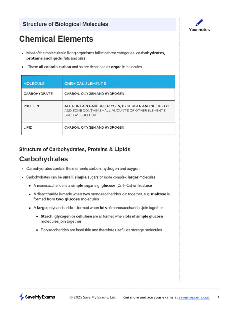 Revision Notes 2c Biological Molecules and Food Tests | PDF ...