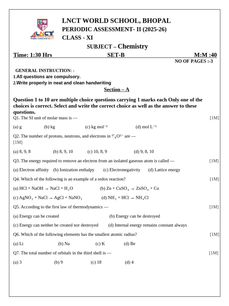 Class XI Chemistry Assessment 2025-26 | PDF | Redox | Chemical Reactions