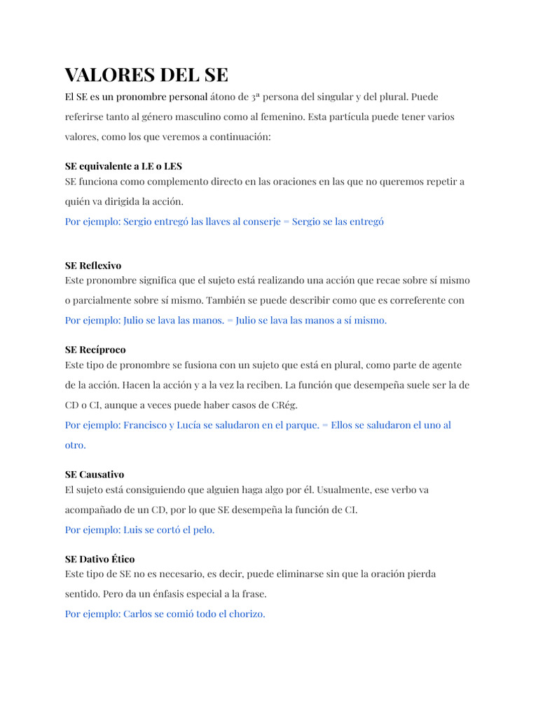 Tipos y Usos del Pronombre SE | PDF | Pronombre | Verbo