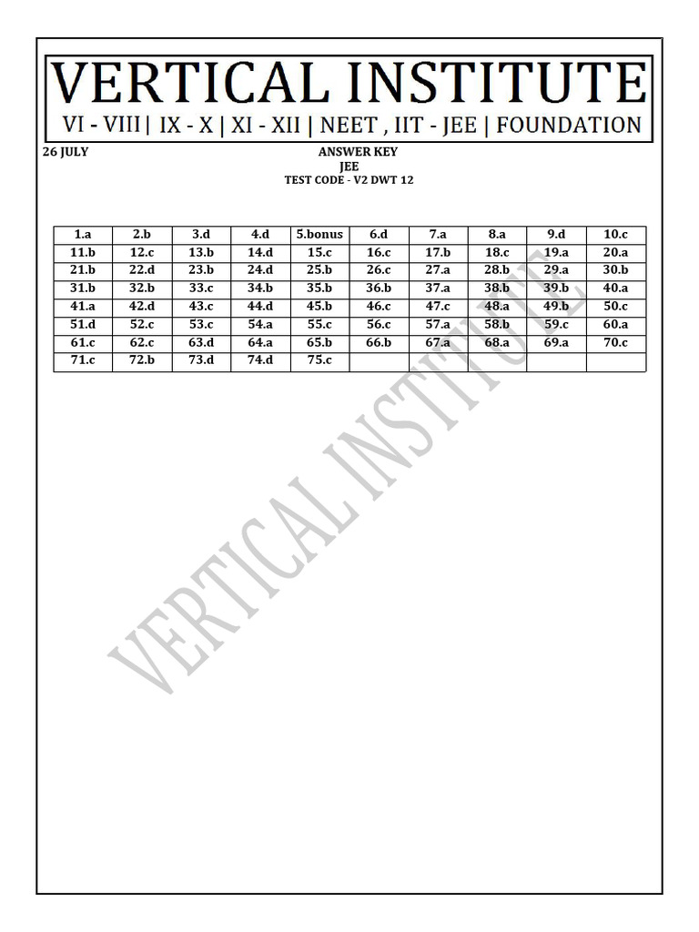 JEE Test Code V2 DWT 12 Answer Key | PDF