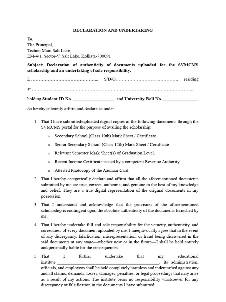 Declaration and Undertaking Scholarship | PDF | Forgery | Notary Public