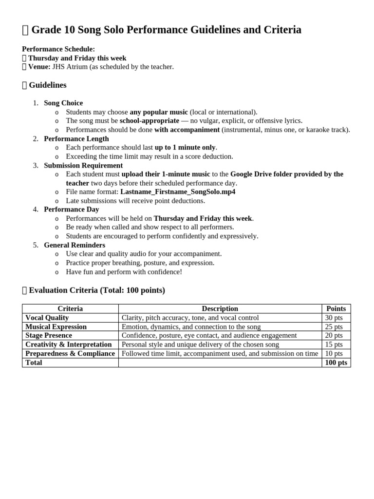Grade 10 Solo Performance Guidelines | PDF