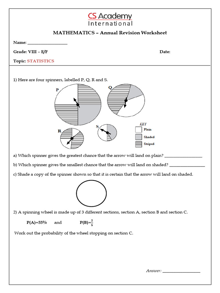 Statistics Revision Worksheet for Grade VIII | PDF | Probability ...