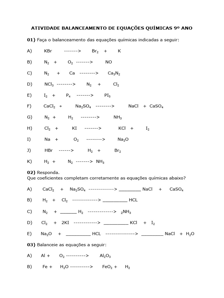Atividades de Balanceamento Químico 9º Ano | PDF