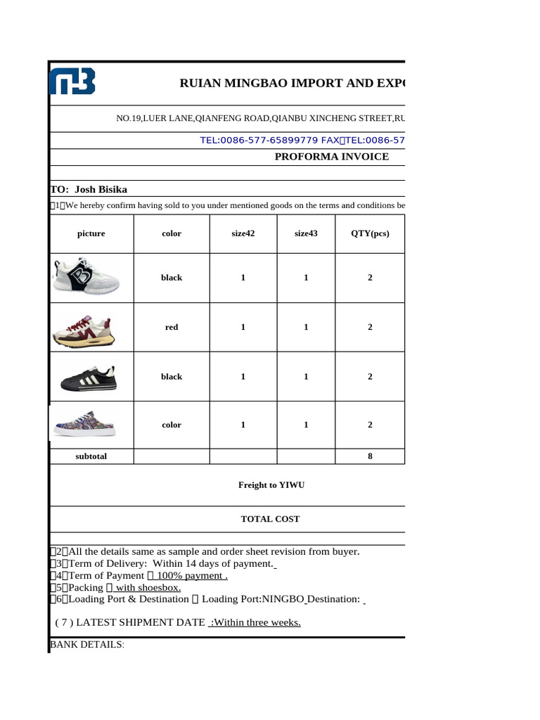 Ruian Mingbao Import and Export Co.,Ltd: Proforma Invoice TO: Josh ...