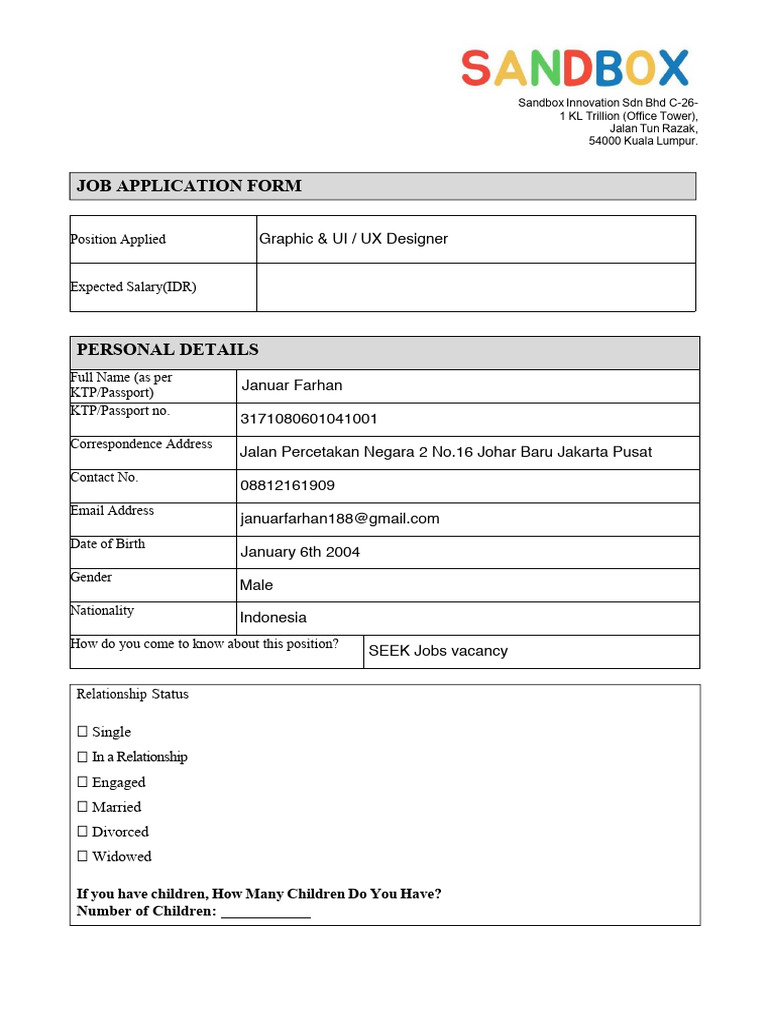 UX/UI Designer Job Application Form | PDF