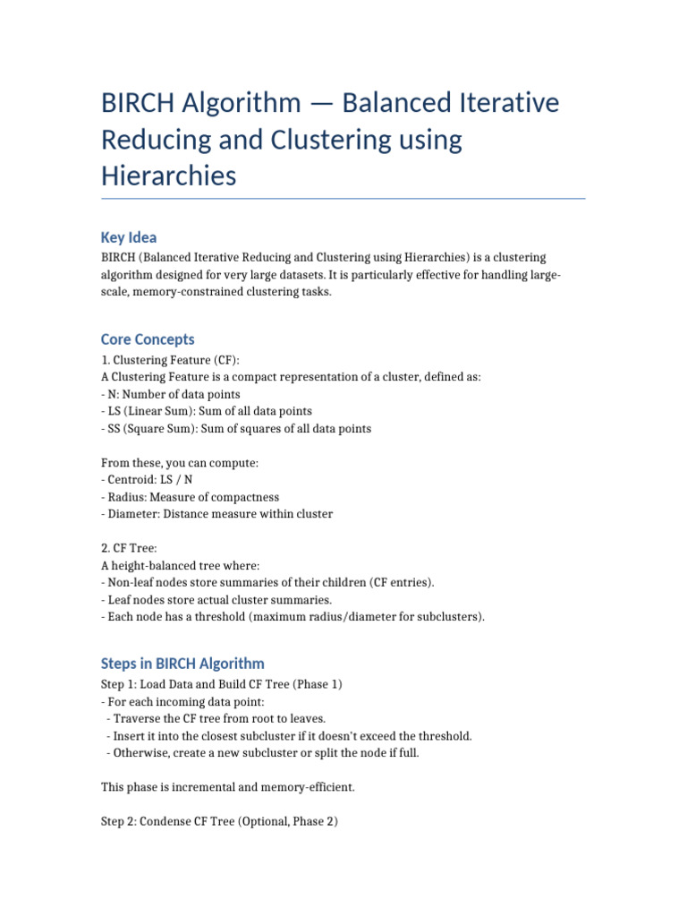 BIRCH Algorithm for Large Dataset Clustering | PDF