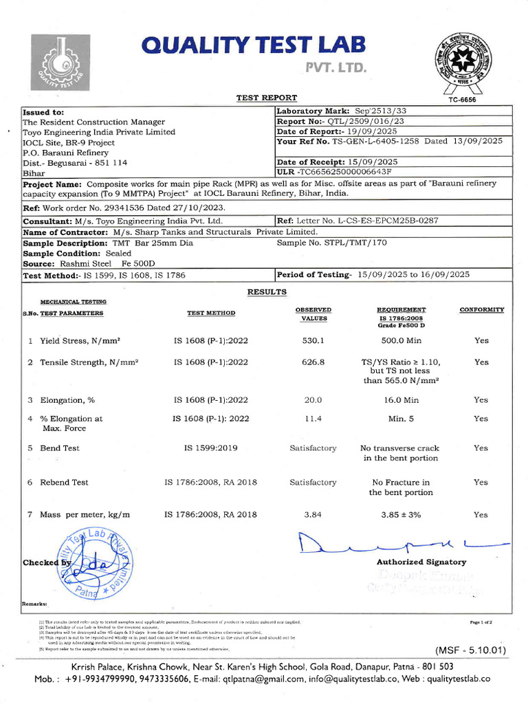TMT Bar Tensile Test Report - Bihar | PDF | Applied And ...