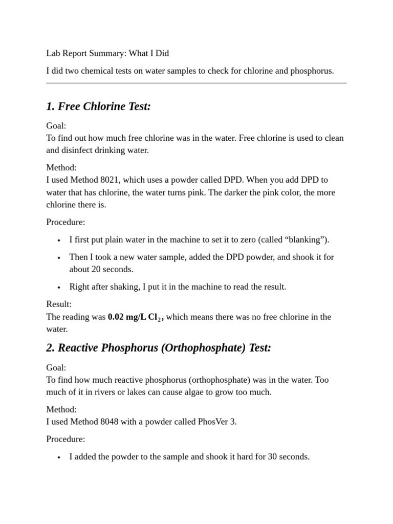 Water Quality Tests: Chlorine & Phosphorus | PDF