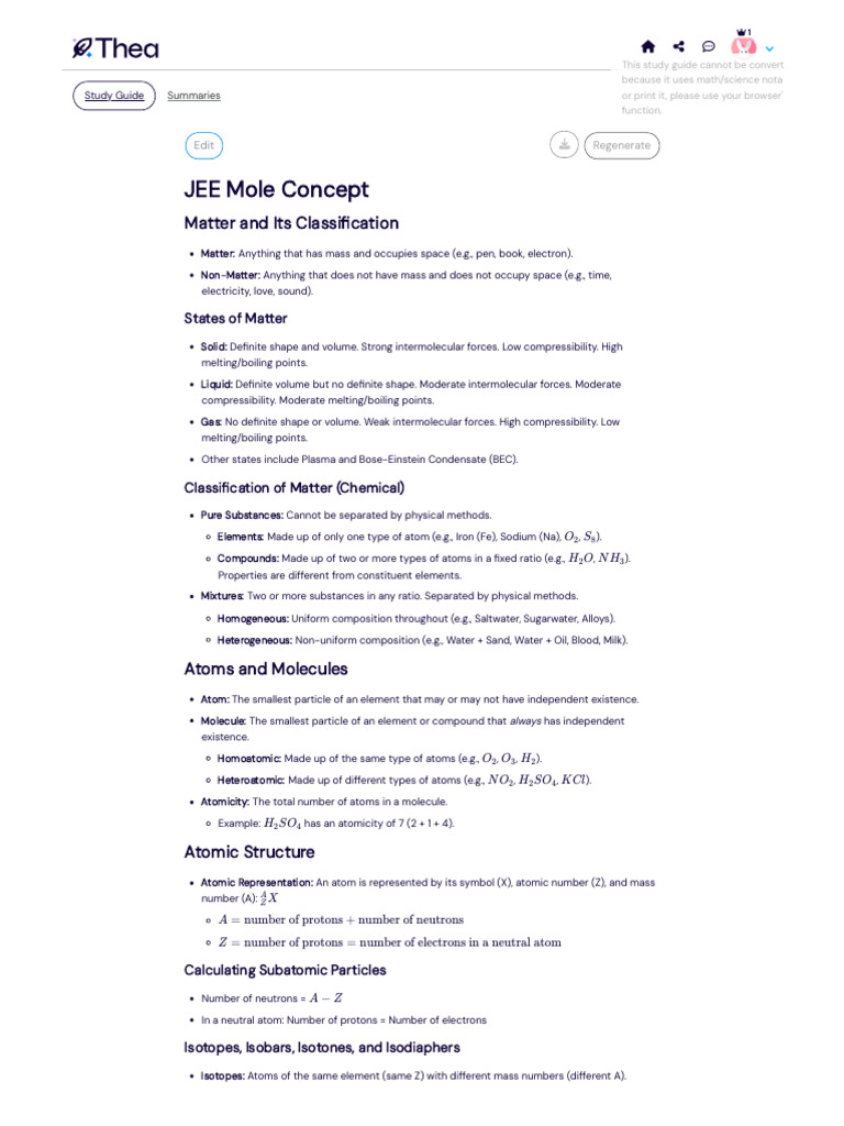 JEE Mole Concept Study Guide | PDF | Mole (Unit) | Atoms