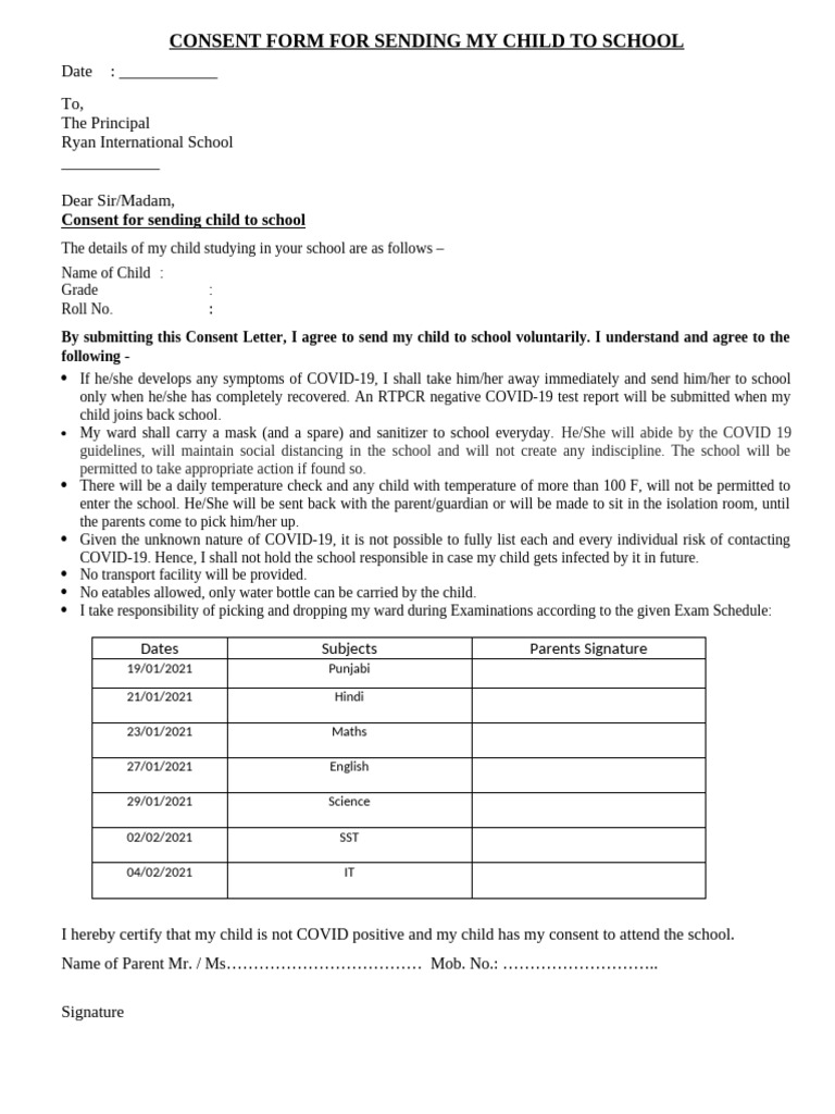 Consent For Sending Child To School | PDF