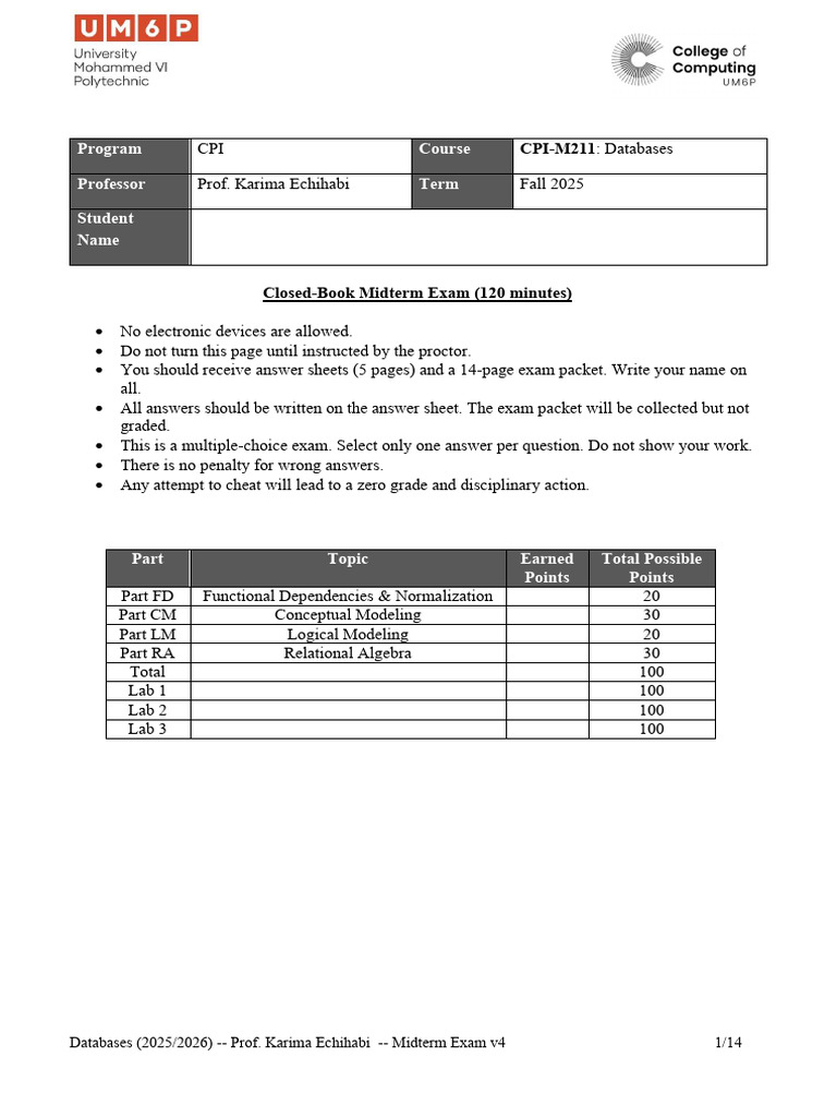 Databases Midterm Exam 2025-2026 | PDF | Data Management | Data ...