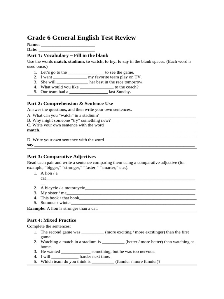 Grade 6 English Test Review Guide | PDF | Linguistics