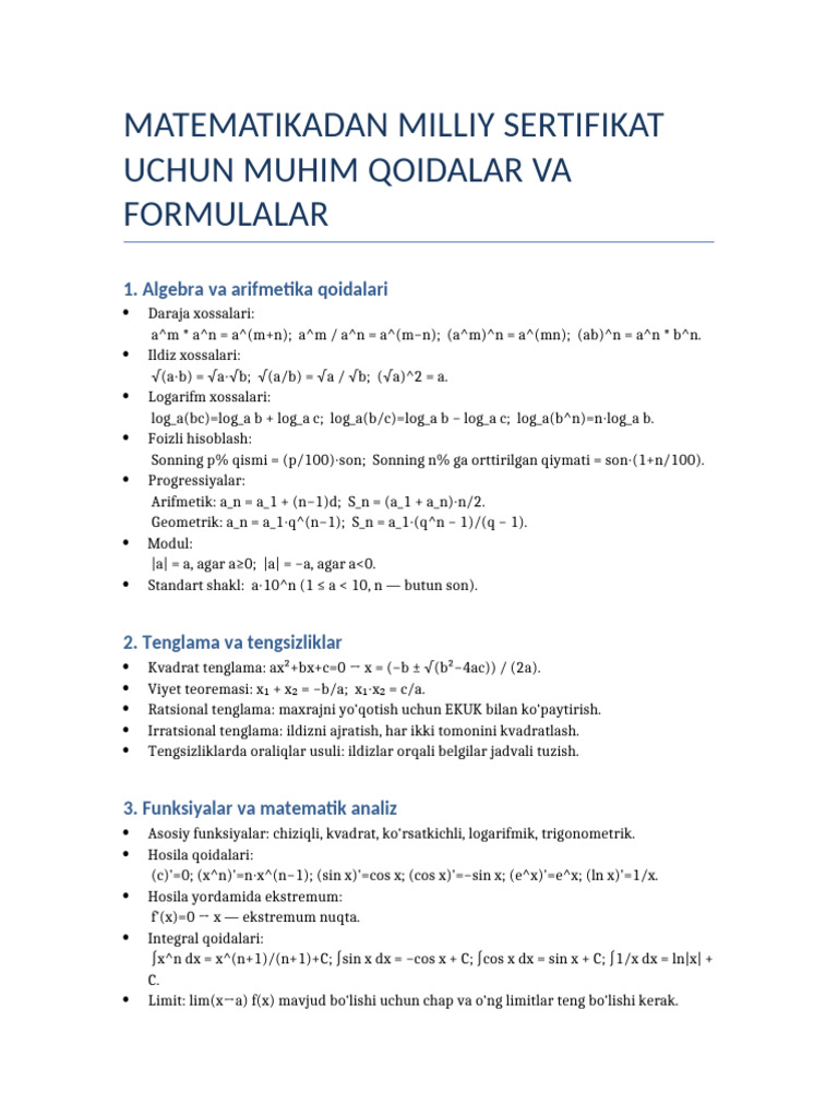 Milliy Sertifikat Matematika Qoidalar | PDF