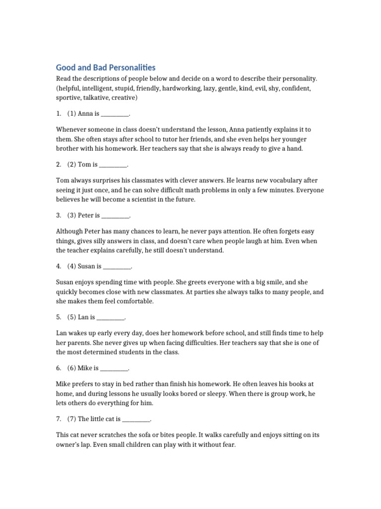 Personality Descriptions Worksheet | PDF