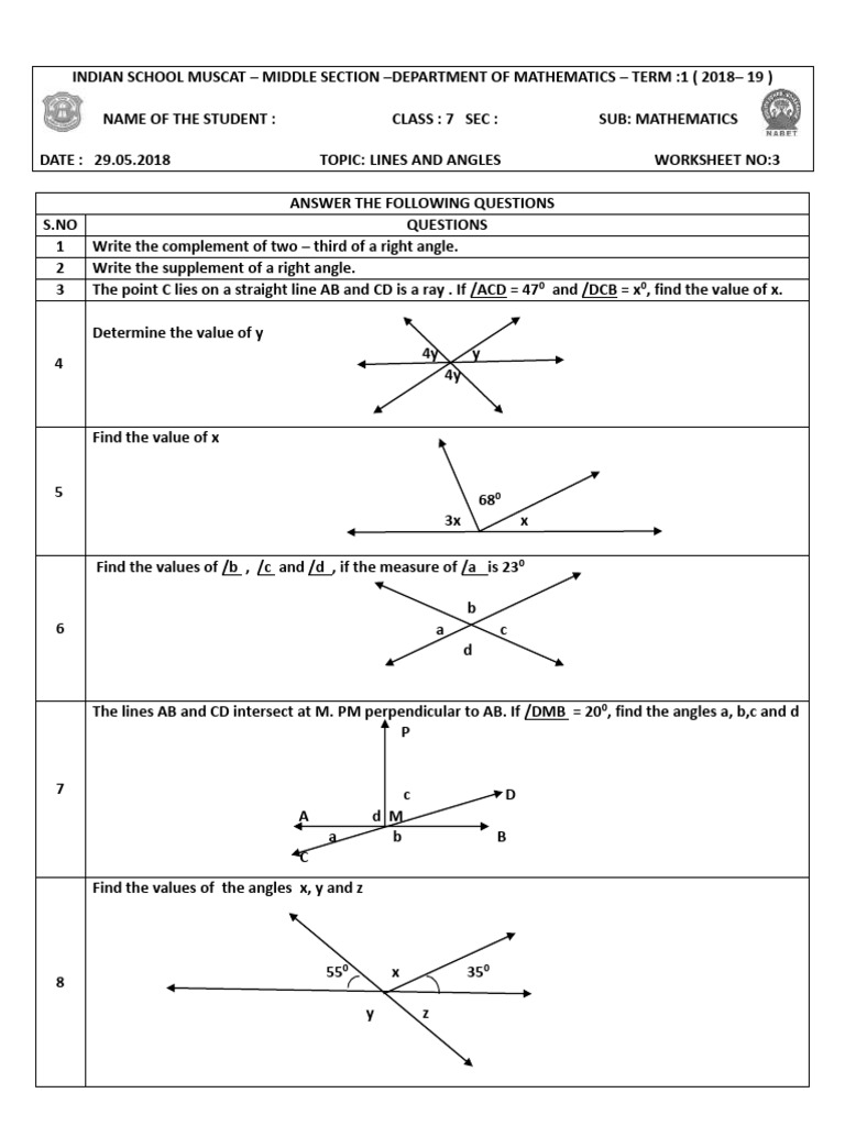 Class 7 Mathematics Worksheet on Angles | PDF | Angle | Triangle Geometry