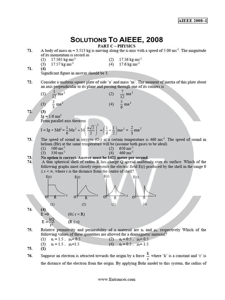 AIEEE 2008 Physics Solutions Guide | PDF | Diffraction | Electron