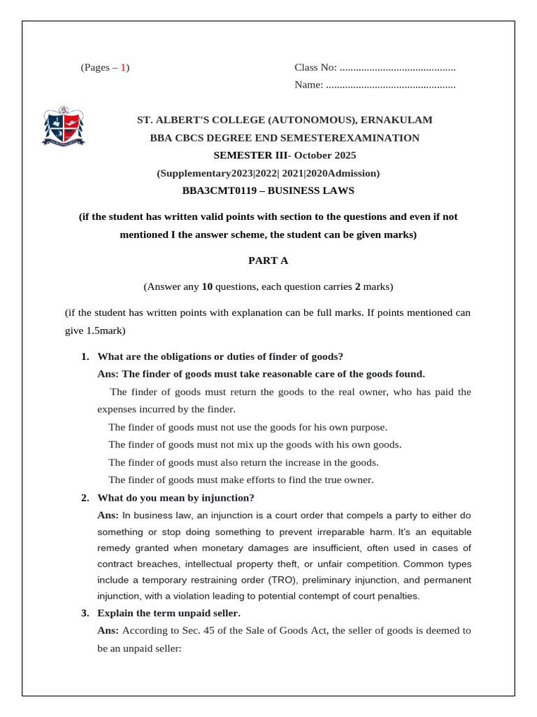 Business Law Exam Questions and Answers | PDF | Consideration | Indemnity