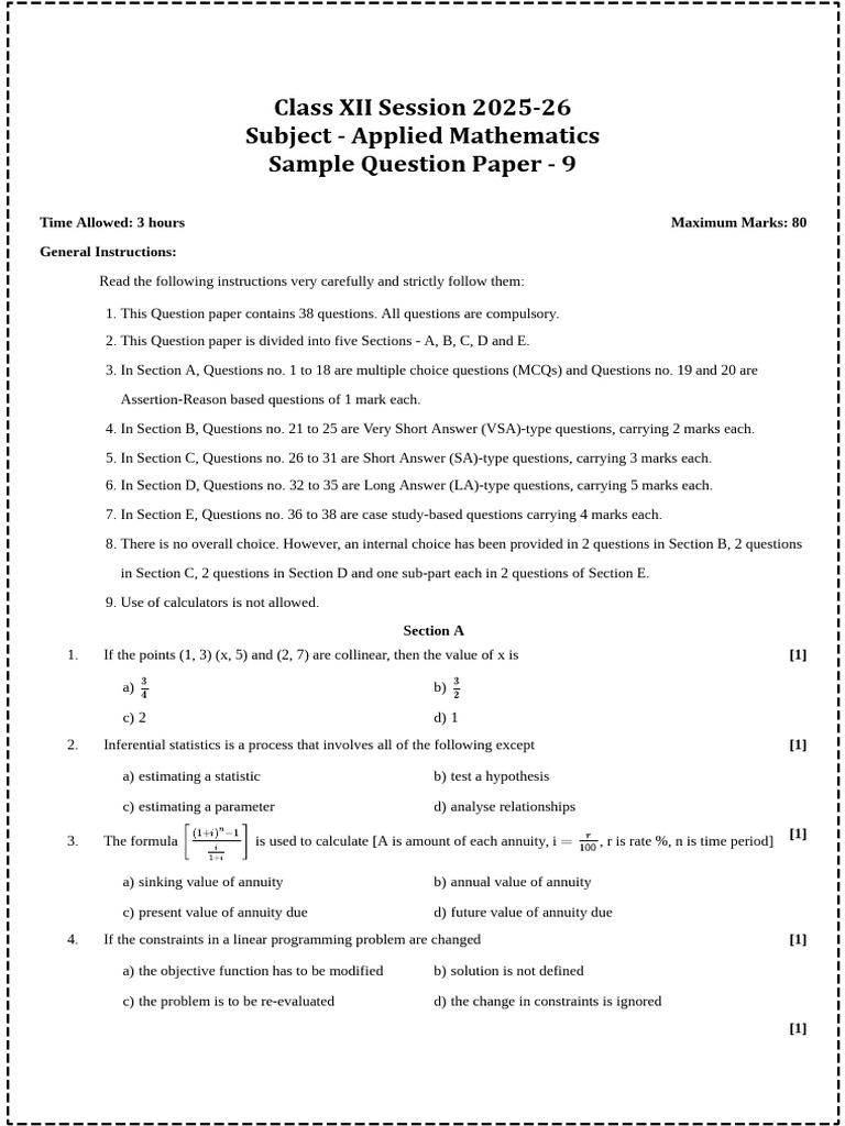 Class XII Applied Mathematics Exam Paper | PDF | Tangent | Matrix ...