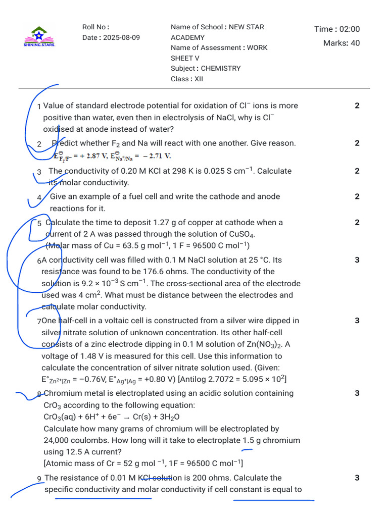 Class XII Chemistry Worksheet V | PDF | Chemistry | Physical Sciences