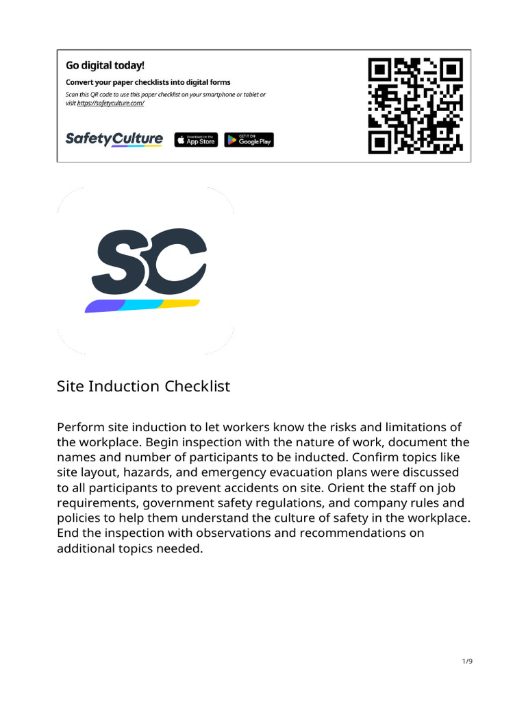 Site Safety Induction Checklist | PDF | Occupational Safety And Health ...