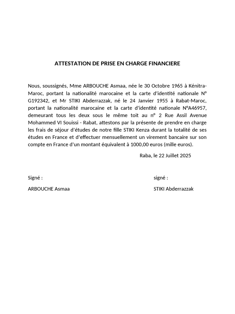 Attestation de prise en charge financière | PDF