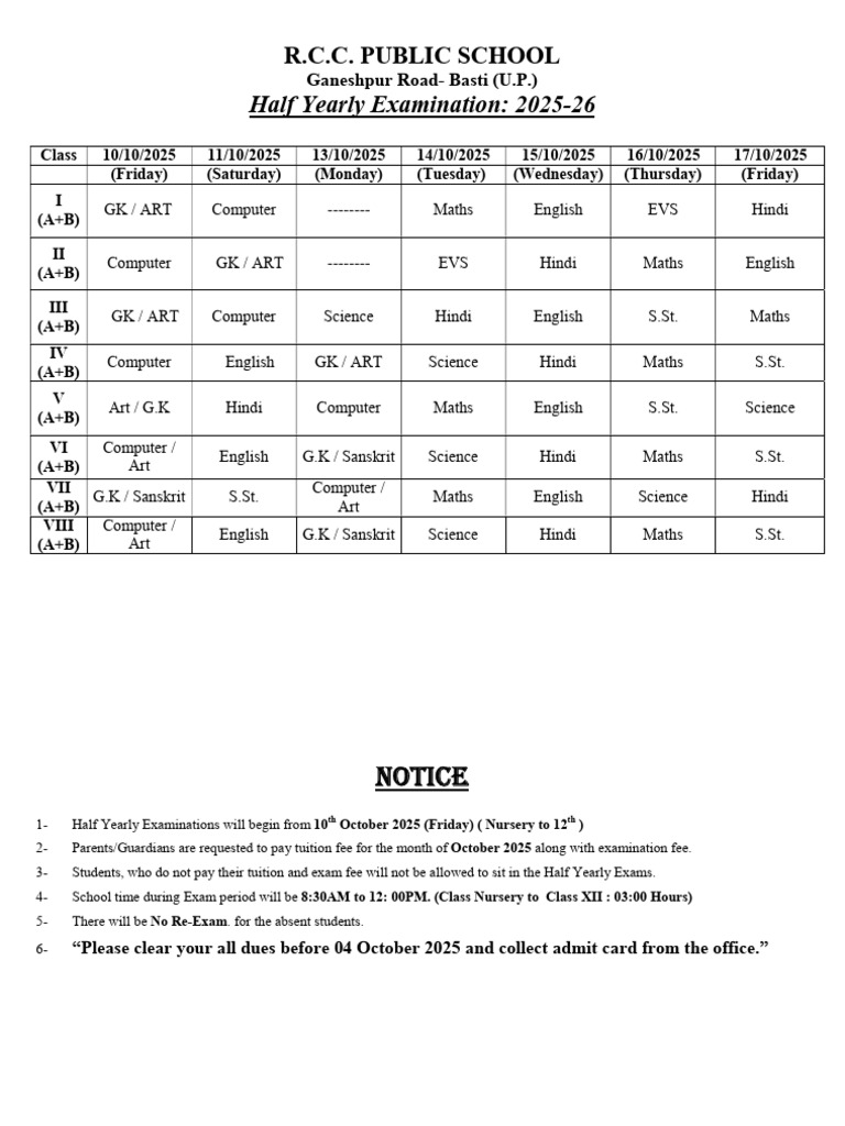 Revised 1 To 8 Time Table | PDF