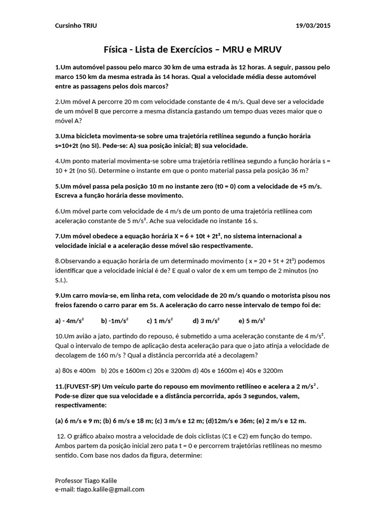 Lista de Exercícios de Física: MRU e MRUV | PDF | Trajetória ...