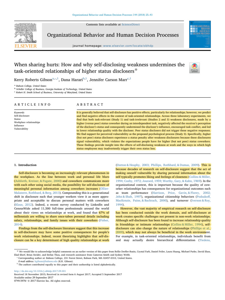 Self-Disclosure's Negative Impact on Status | PDF | Psychological ...