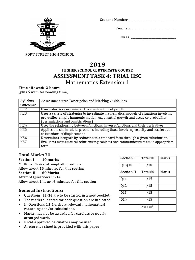 HSC Mathematics Extension 1 Trial Exam | PDF | Acceleration | Polynomial