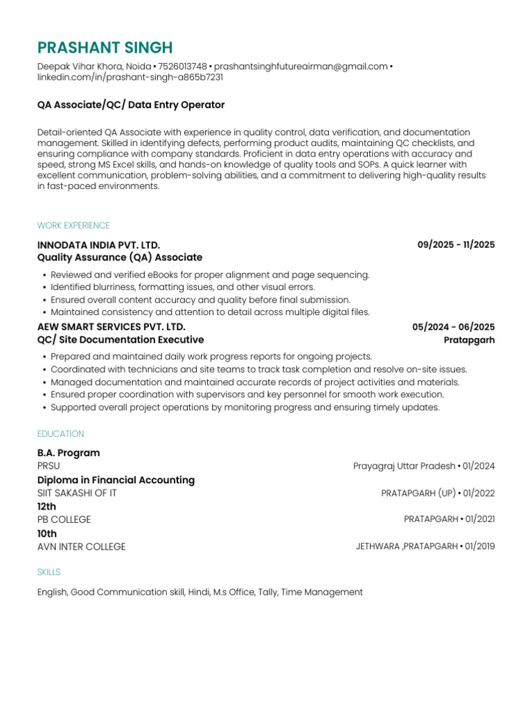 QA Associate Resume - Prashant Singh | PDF