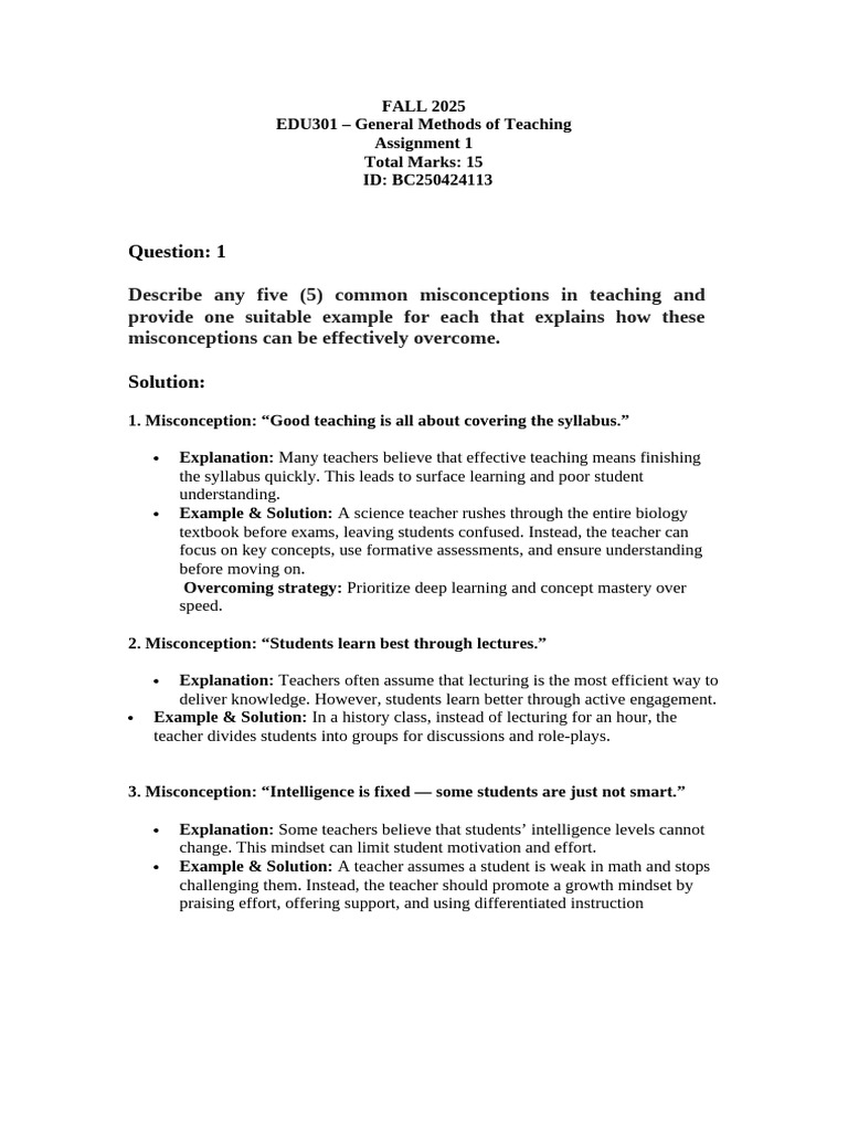 Fall 2025 - EDU301 - 1 - BC250424113 | PDF | Teachers | Mindset