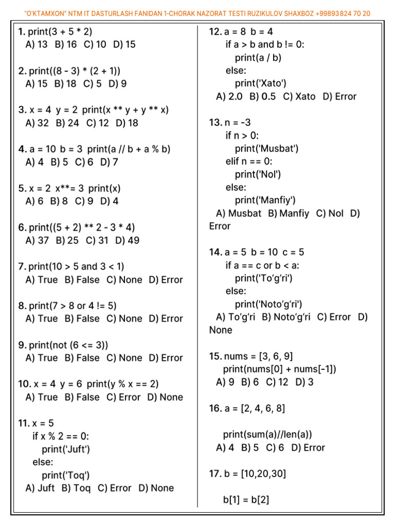 Python Test 5 Sinf Murakkab | PDF