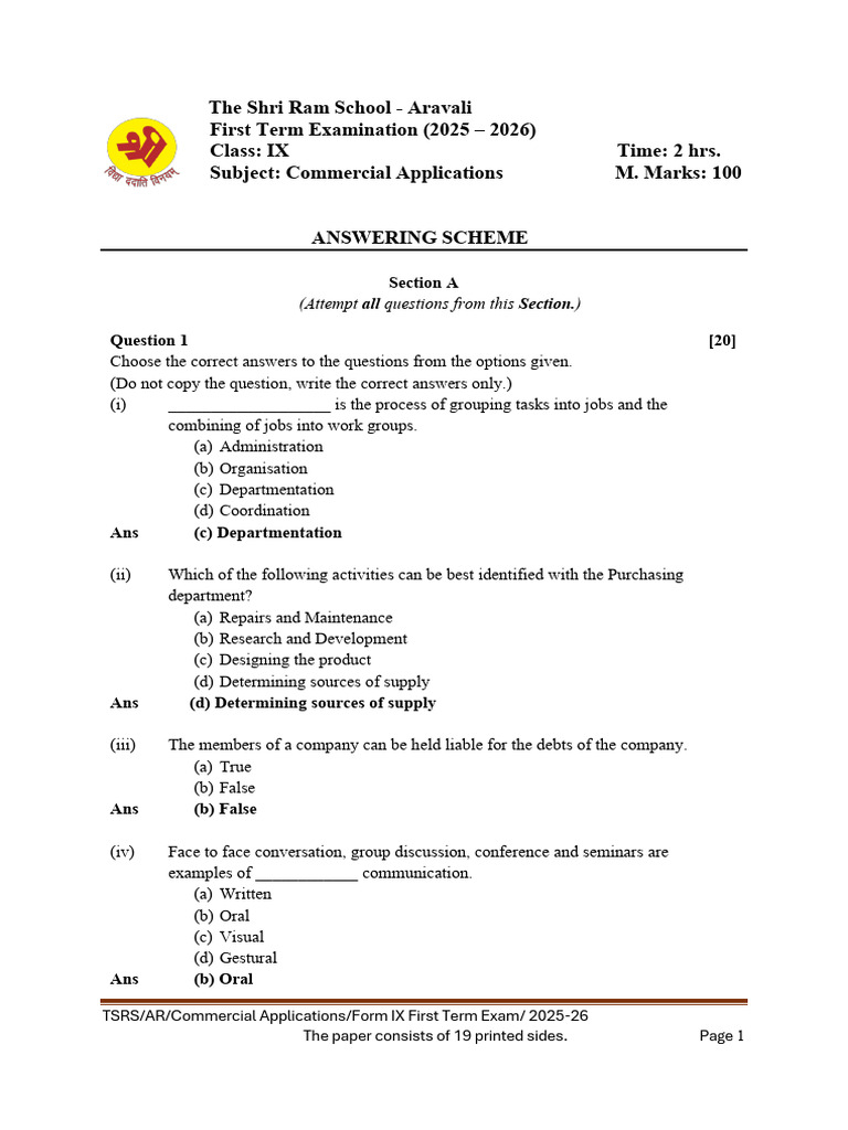 Class IX Commercial Applications Exam 2025-26 | PDF | Limited Liability ...