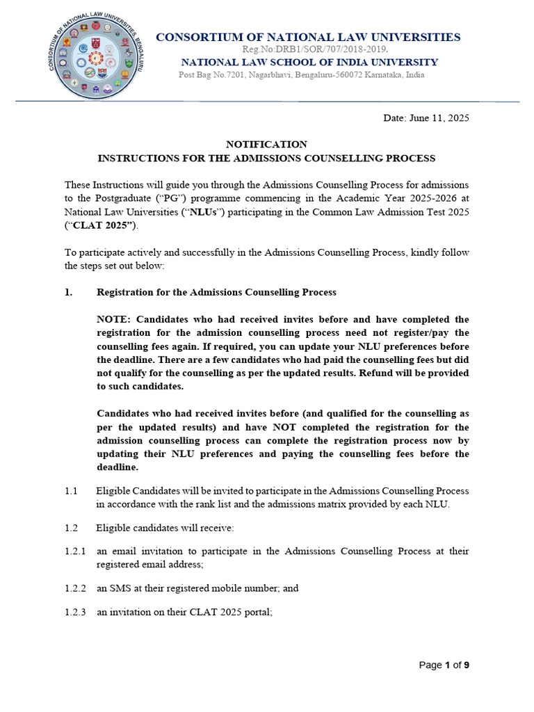 CLAT 2025 Admissions Counselling Guide | PDF | Justice | Crime & Violence