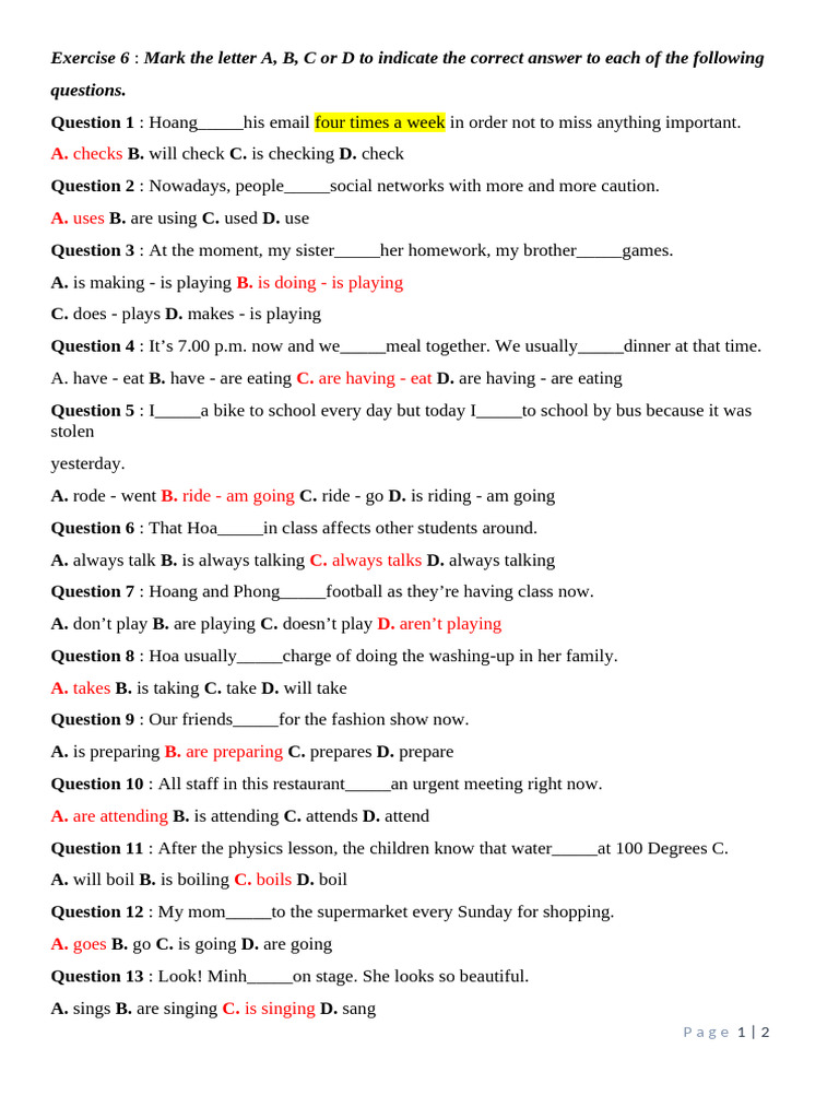Checks: Exercise 6 Mark The Letter A, B, C or D To Indicate The Correct ...