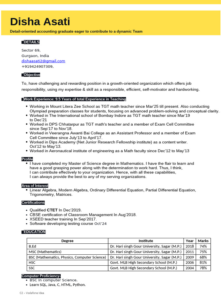 Experienced Math Teacher Resume | PDF | Mathematics
