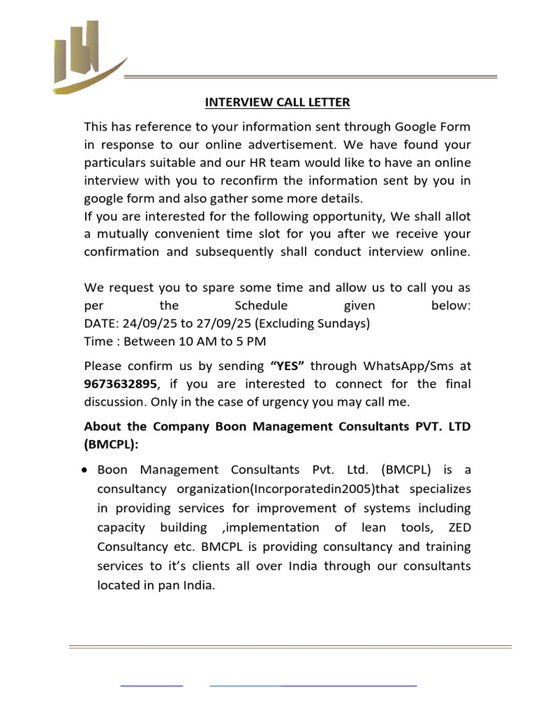 Interview Call for ISO Consultant Role | PDF