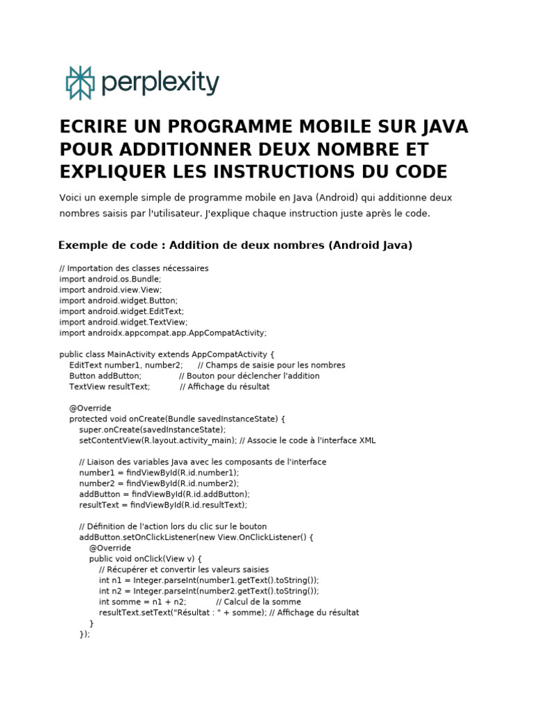 Exemple de code Java pour additionner | PDF | Java (Langage de ...