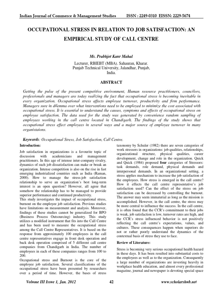 Occupational Stress and Job Satisfaction in Call Centres | PDF | Job ...