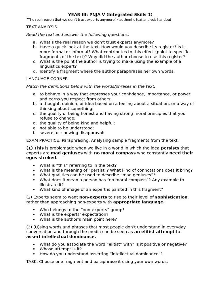 Trust in Experts: Text Analysis Guide | PDF | Word | Reason