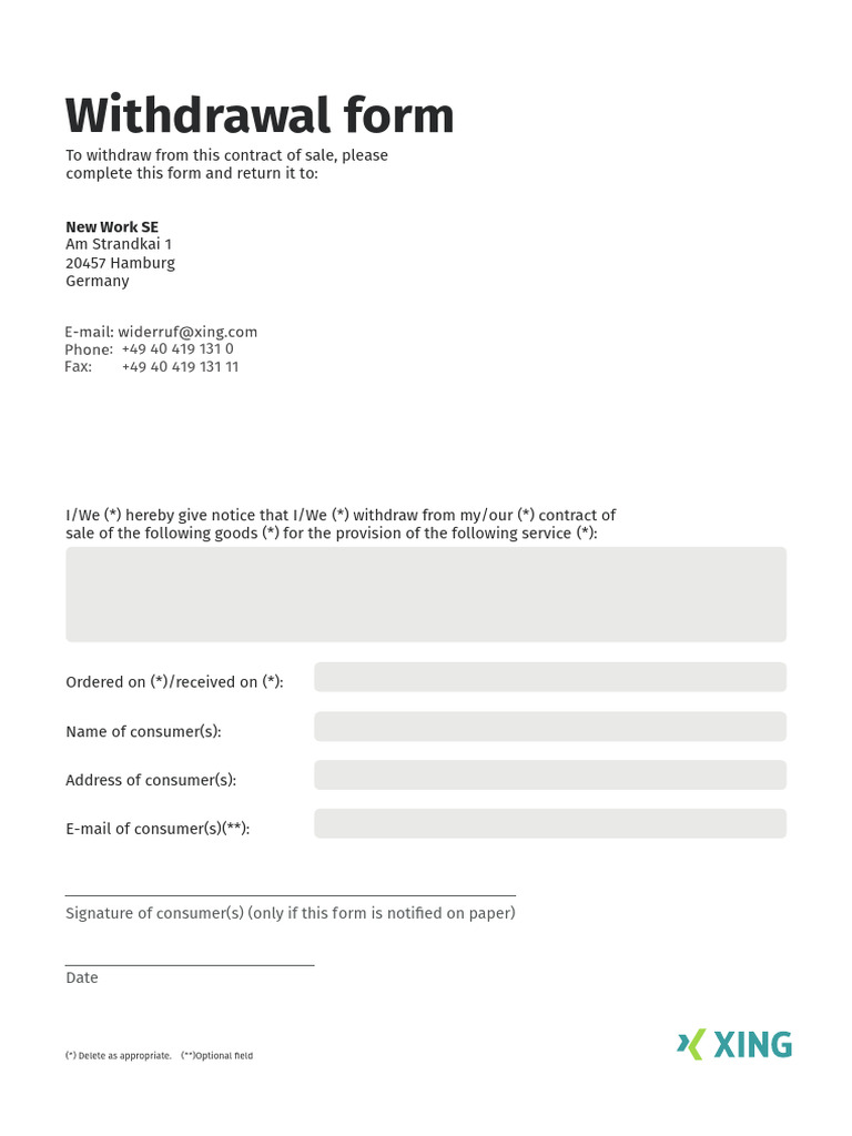 Contract Withdrawal Form Template | PDF