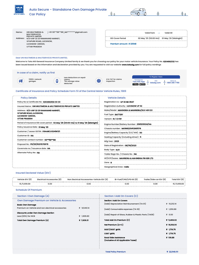 Auto Secure - Standalone Own Damage Private Car Policy: Dear Uni ...