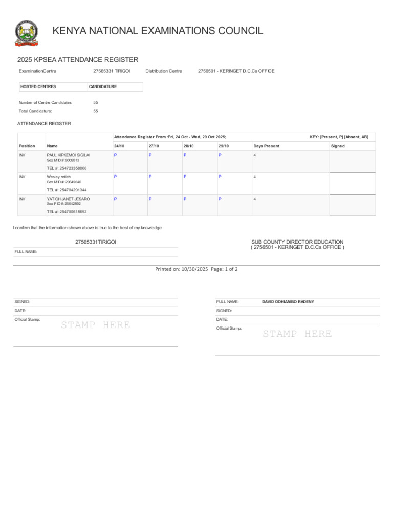 2025 KPSEA Attendance Register | PDF