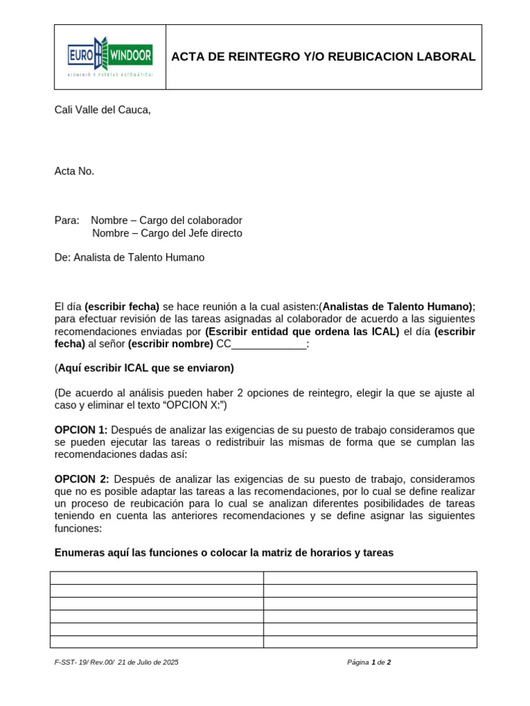 F-SST-19 Acta de Reintegro o Reububicación Laboral | PDF