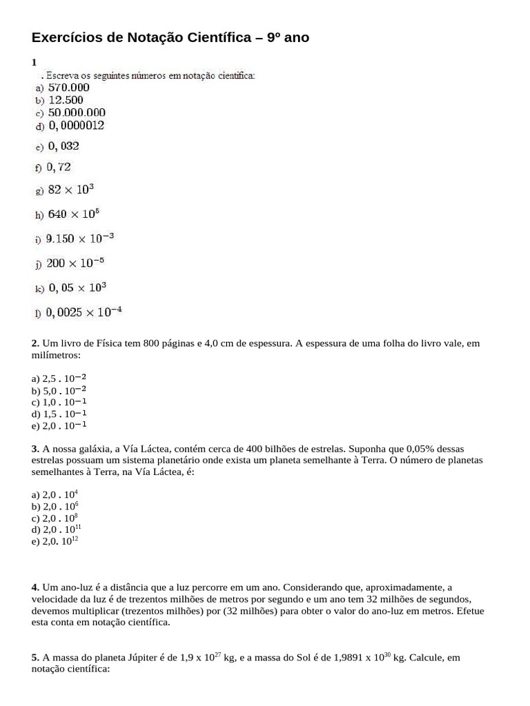 Exercícios de Notação Científica para 9º Ano | PDF | Via Láctea ...