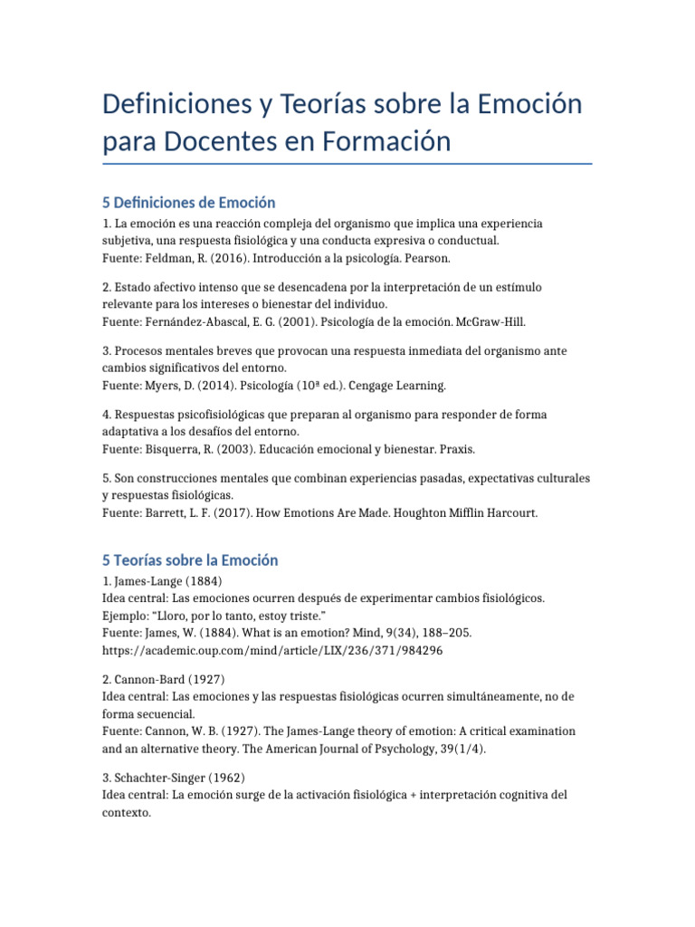 Definiciones y Teorias de La Emocion para Docentes | PDF | Las ...